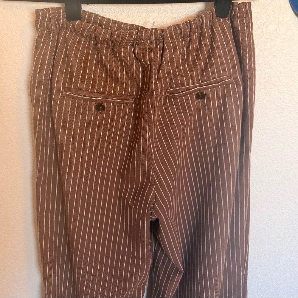 free people pinstripe pants in a chocolate brown with cream stripes
